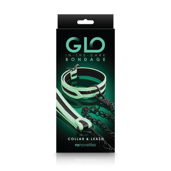 NS Novelties GLO Bondage Collar & Leash set in glow-in-the-dark green with black hardware, boxed