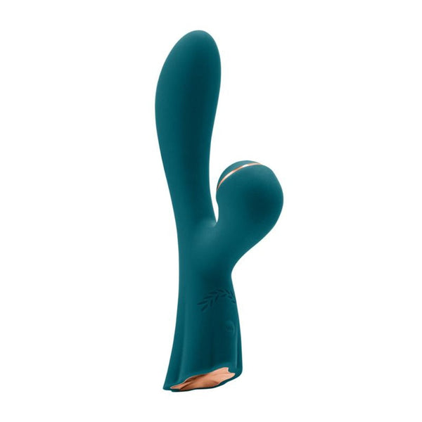NS Novelties Luxe Aura teal silicone rabbit vibrator with curved shaft and rounded stimulator