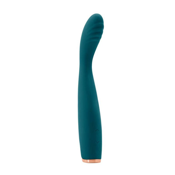NS Novelties Luxe Lillie teal silicone g-spot vibrator with curved tip and rose gold base
