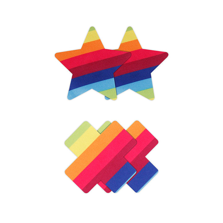 NS Novelties Pretty Pasties rainbow star and cross nipple covers, two pairs shown