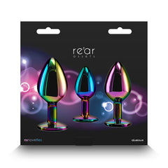 NS Novelties Rear Assets multicolor aluminum plug trio displayed in dark retail gift box