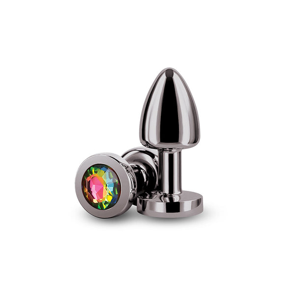 NS Novelties Rear Assets Petite gunmetal aluminum anal plug with rainbow gemstone base