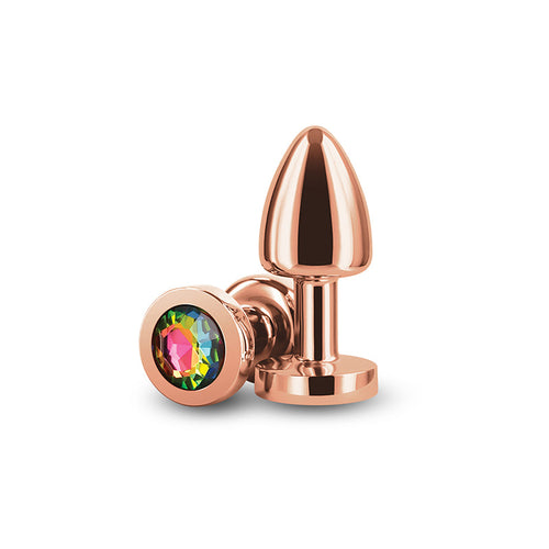 NS Novelties Rear Assets Petite rose gold aluminum anal plug with rainbow gemstone base