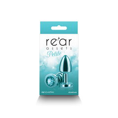 NS Novelties Rear Assets Petite teal packaging box displaying product name, aluminum material label