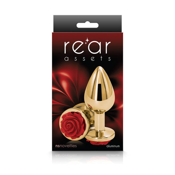 NS Novelties Rear Assets Rose Medium packaging showing gold plug with sculpted red rose base