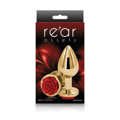 NS Novelties Rear Assets Rose Medium packaging showing gold plug with sculpted red rose base