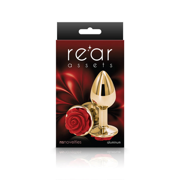 NS Novelties Rear Assets Rose Small packaging showing gold plug with sculpted red rose