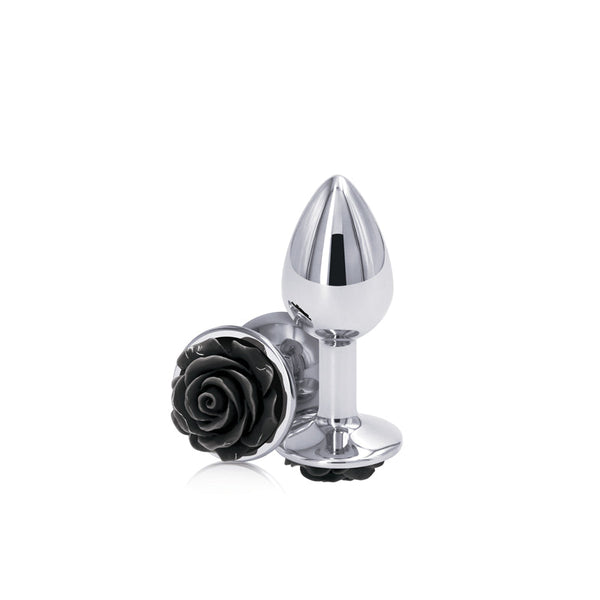 NS Novelties Rear Assets Rose Small plug in polished aluminum with a black rose base