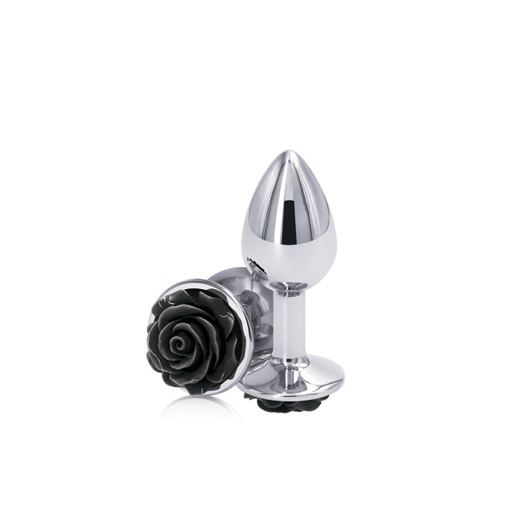 NS Novelties Rear Assets Rose Small plug in polished aluminum with a black rose base