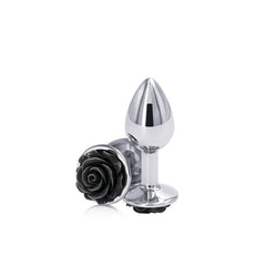 NS Novelties Rear Assets Rose Small plug in polished aluminum with a black rose base