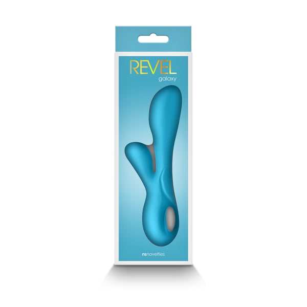 NS Novelties Revel Galaxy blue vibrator displayed in full retail box, back view