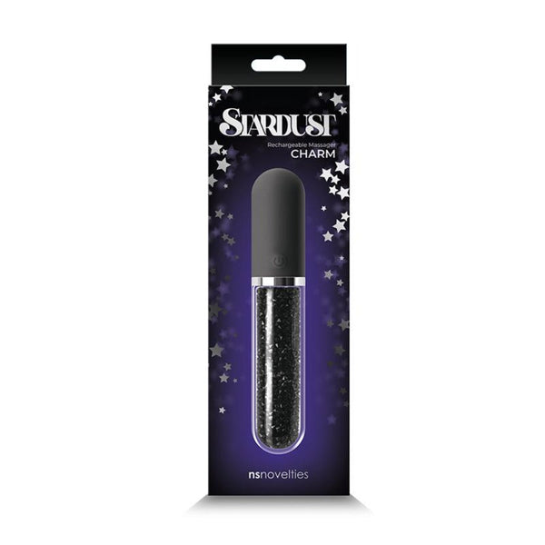 NS Novelties Stardust Charm black bullet vibrator shown in star-themed retail packaging