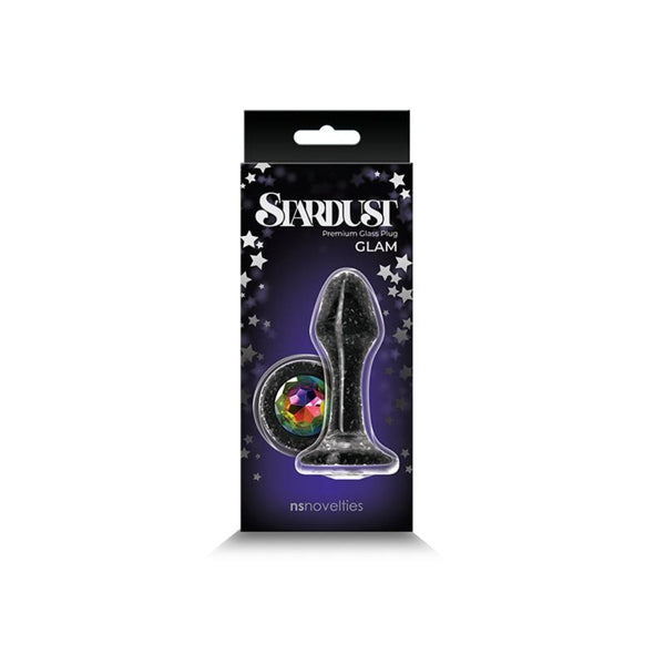 NS Novelties Stardust Glam Premium Glass Plug packaging featuring rainbow gem base detail