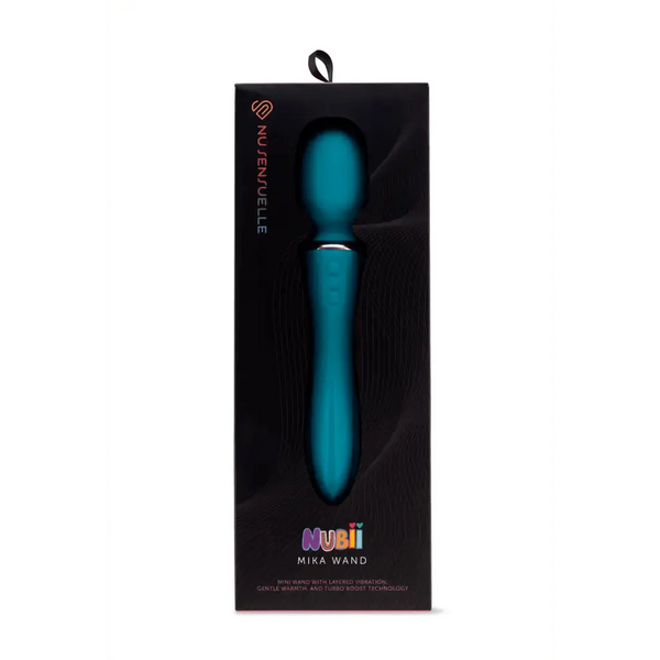 Nu Sensuelle Nubii Mika Wand in teal displayed upright inside sleek black retail packaging