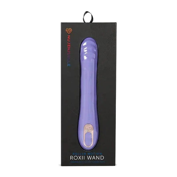 Nu Sensuelle Roxii Wand in ultra violet, roller motion vibrator displayed in black box packaging