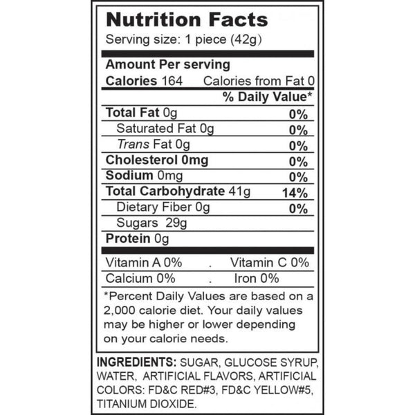 Nutrition facts label for ButterBalls Pecker Pop showing 164 calories and butterscotch candy ingredients per piece