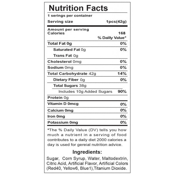 Nutrition facts label for Candy Ass lollipop showing 168 calories and sugar-based ingredients