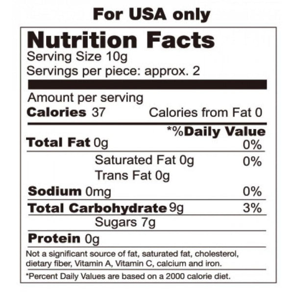 Nutrition facts label for Candy Love Rings: 37 calories per serving, 9g carbohydrates, 7g sugars