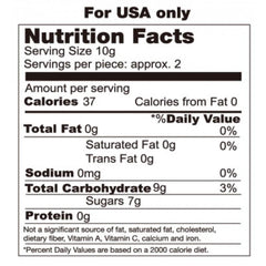Nutrition facts label for Candy Love Rings: 37 calories per serving, 9g carbohydrates, 7g sugars
