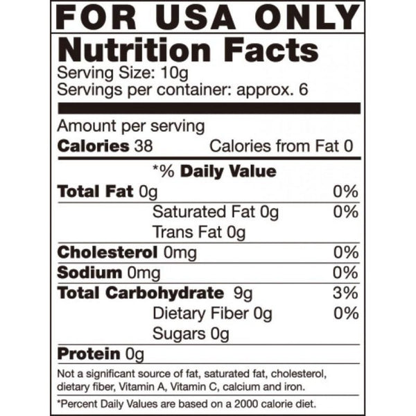 Nutrition facts label for Candy Nipple Tassels showing 38 calories per 10g serving, approx 6 servings