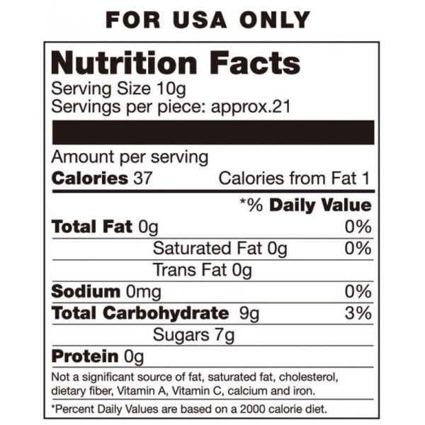 Nutrition facts label for Candy Posing Pouch: 37 calories per 10g serving, 21 servings