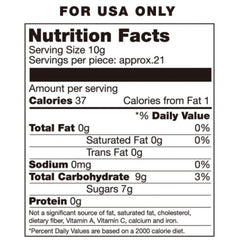 Nutrition facts label for Candy Posing Pouch: 37 calories per 10g serving, 21 servings