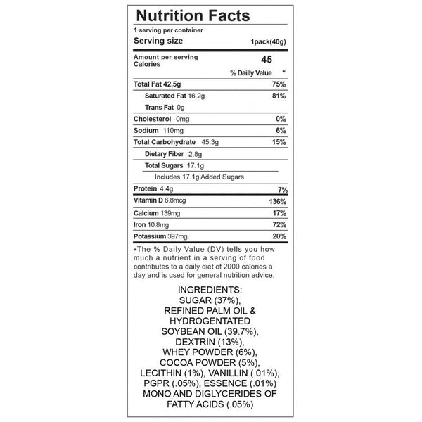 Nutrition facts label for Chocolate Body Pen showing ingredients including cocoa powder and sugar