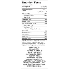 Nutrition facts label for Chocolate Body Pen showing ingredients including cocoa powder and sugar