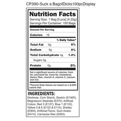 Nutrition facts label for Suck a Bag of Dicks Candy showing 19 calories and full ingredient list
