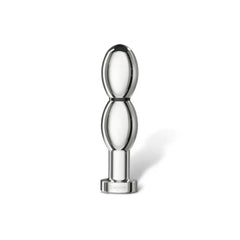 O(h!)-thello stainless steel dildo standing upright showing dual-oval shape and base