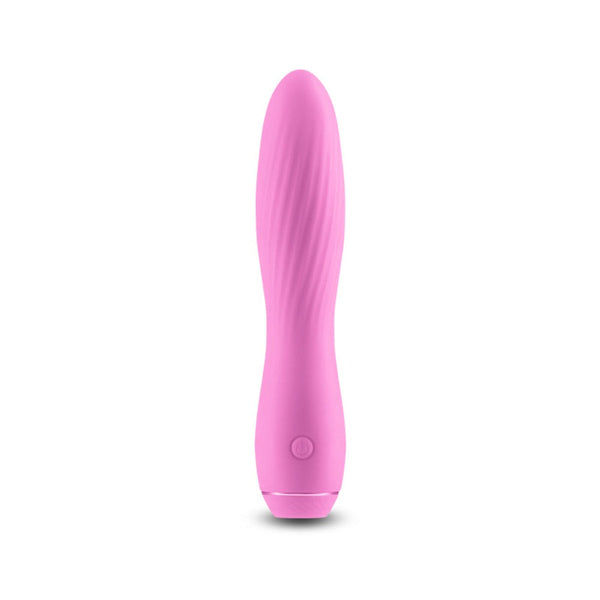 Obsessions Clyde Thruster vibrator in light pink silicone with spiral ribbed texture, front view