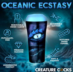 Oceanic Ecstasy stroker feature callouts: removable sleeve, adjustable suction, premium silicone