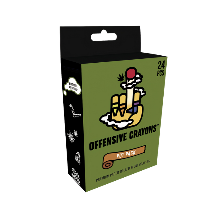Offensive Crayons Pot Pack box, olive green and black, 24-piece paper-rolled blunt crayons
