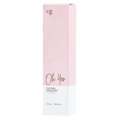 Oh Yes Clitoral Stimulant tall pink retail box with rose-gold script branding, 1 fl oz