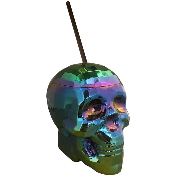 Oil-Slick Skull Cup 22oz by Kheper Games, iridescent rainbow chrome finish with straw