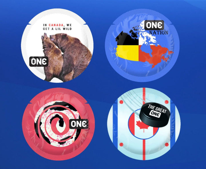 ONE Canadian Classic Condoms featuring four themed wrapper designs on blue background