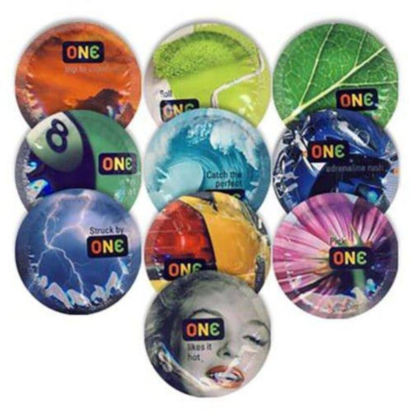 ONE Colours Sensations Condoms in assorted vibrant foil wrapper designs, bulk pack