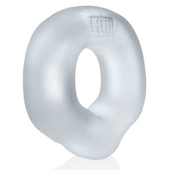 Close-up of one Fit Grips clear cockring at an angle, showing smooth velvet-soft silicone surface