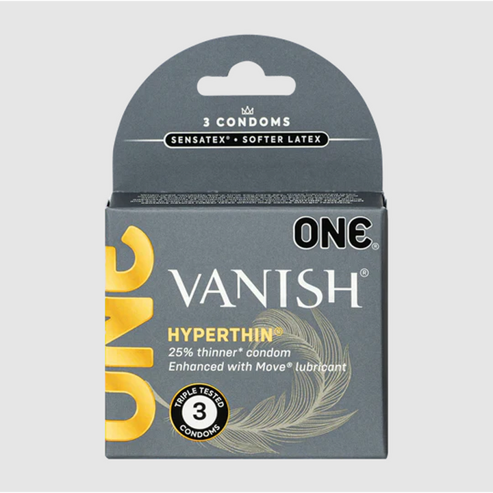 ONE Vanish Hyperthin condom 3-pack box in dark grey with gold accent lettering