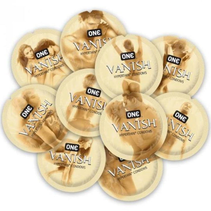 ONE Vanish HyperThin condoms bulk bowl displaying ten individually wrapped foil packets