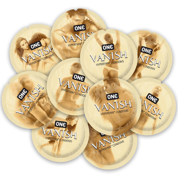 ONE Vanish HyperThin condoms bulk pack, multiple gold foil wrappers displayed together