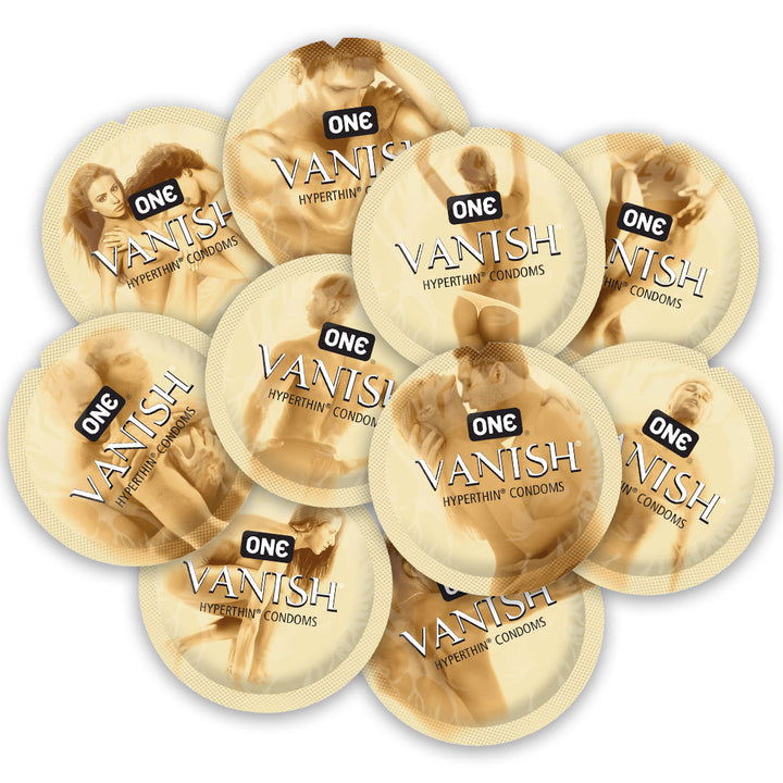 ONE Vanish HyperThin condoms bulk pack, multiple gold foil wrappers displayed together