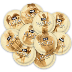ONE Vanish HyperThin condoms bulk pack, multiple gold foil wrappers displayed together