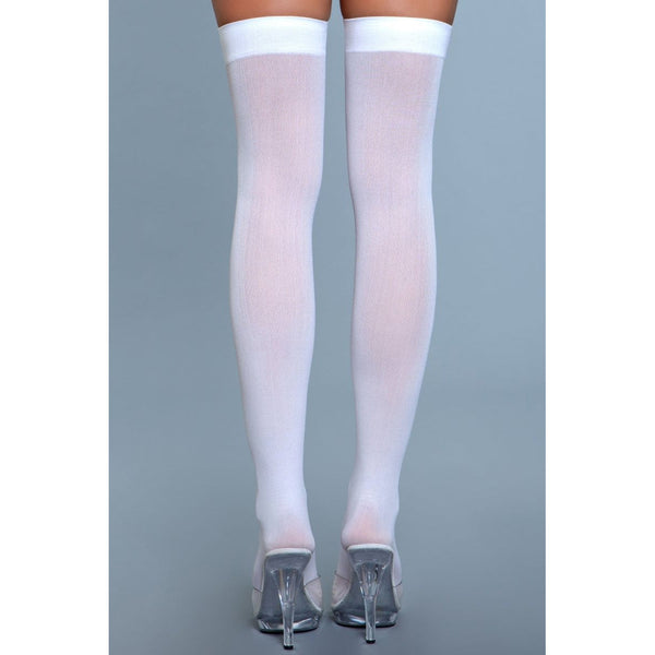 Opaque Nylon Thigh Highs in white showing smooth back seam-free finish, rear view