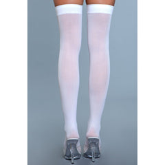 Opaque Nylon Thigh Highs in white showing smooth back seam-free finish, rear view