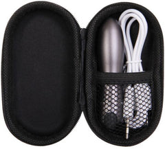 Open black zip case holding grey bullet vibrator, USB charging cable, and mesh accessory pocket