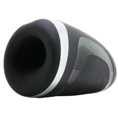 Open-end view of the Men Heat Vibration masturbator showing soft black silicone sleeve and silver trim ring