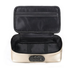 Open gold storage case revealing black interior with mesh lid pocket and elastic organizer straps