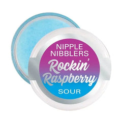 Open jar of Nipple Nibblers Rockin' Raspberry Sour Balm revealing light blue balm texture