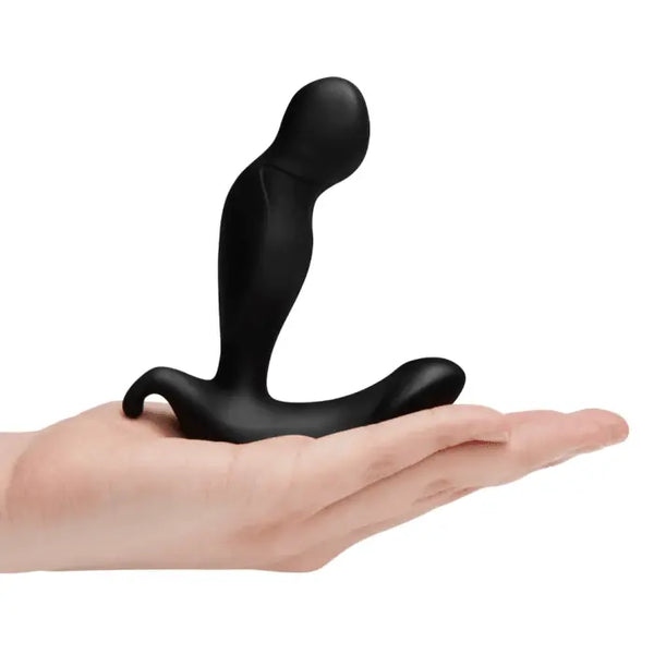 Open palm cradling black silicone prostate massager to illustrate lightweight scale